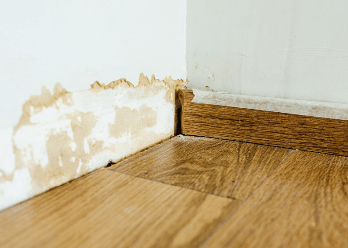 A close-up of a corner in a room where the lower portion of the wall shows signs of water damage. The paint is peeling and the drywall is discolored, indicating moisture issues. The wooden baseboard and flooring are also visible, with potential damage from water exposure.