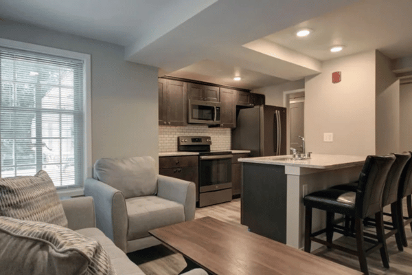 Renovated apartment with open concept living area, kitchen with dark cabinets, and breakfast bar